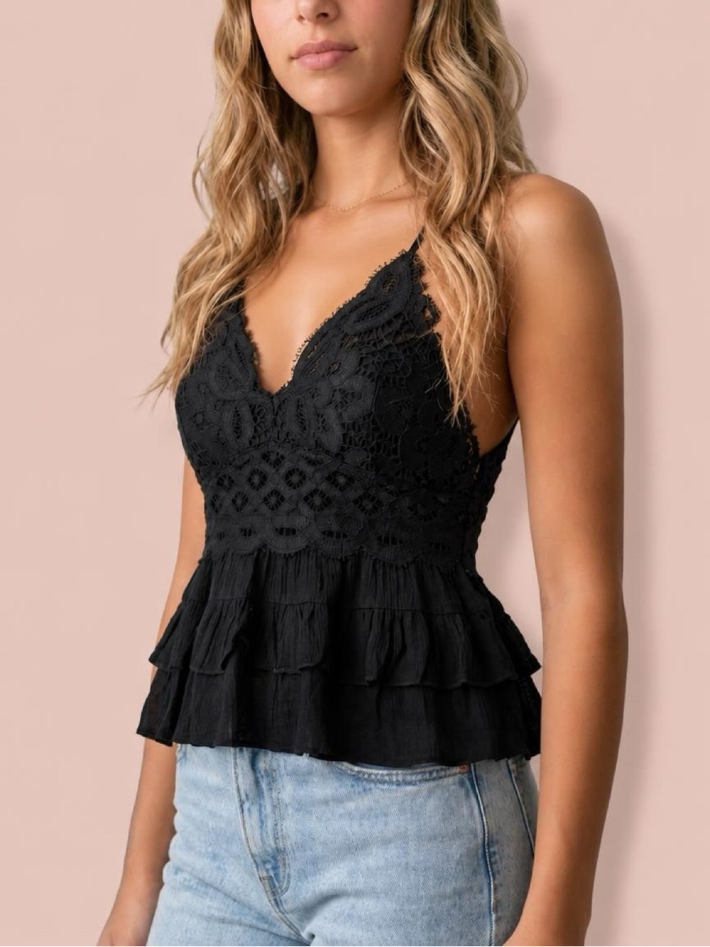 Anemone Black Lace Ruffled Tiered Peplum Cami Boho Tank Top S